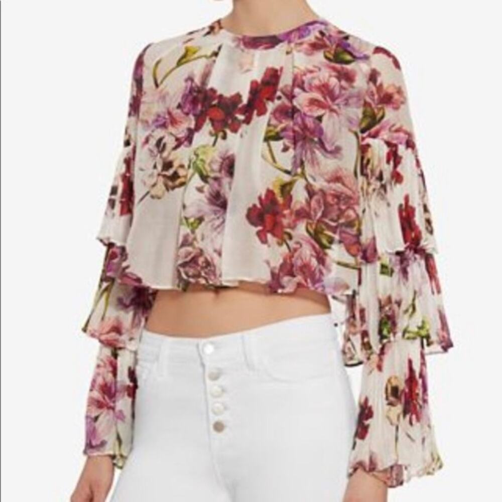 Intermix Top Womens Large Alberta‎ Floral Blouse Ruffle Sleeve Pink White Silk